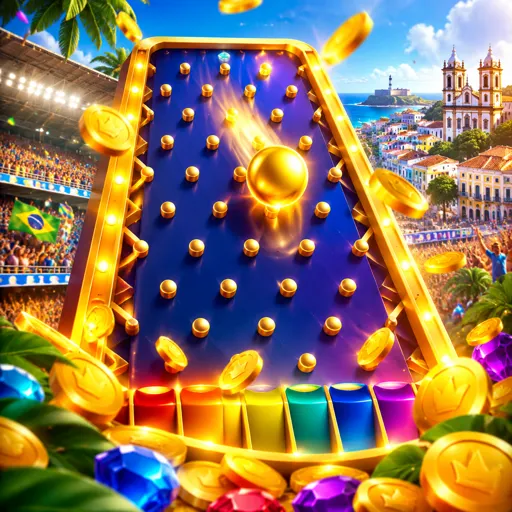Jogo Plinko com bola caindo em pirâmide de multiplicadores